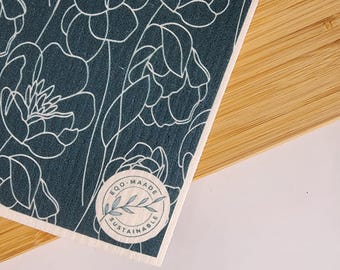 Lavette suédoise orchidées vert forêt | Compostable et biodégradable | Cadeau minimaliste | Lavette suédoise | Tissu durable | Lavette