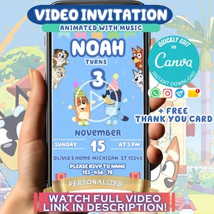 Modello di invito per cane blu, invito animato modificabile, invito video digitale per compleanno, inviti per feste di compleanno, download immediato da Canva