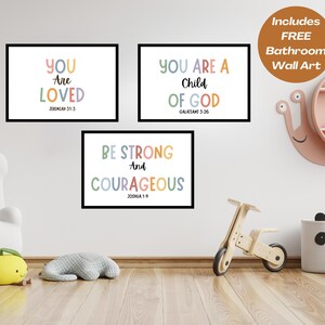 Kids Scripture Wall Art Set Of 3, Strong, Courageous, Child of God & Loved, Bible Verse Prints, Childrens Christian Poster, Instant Download