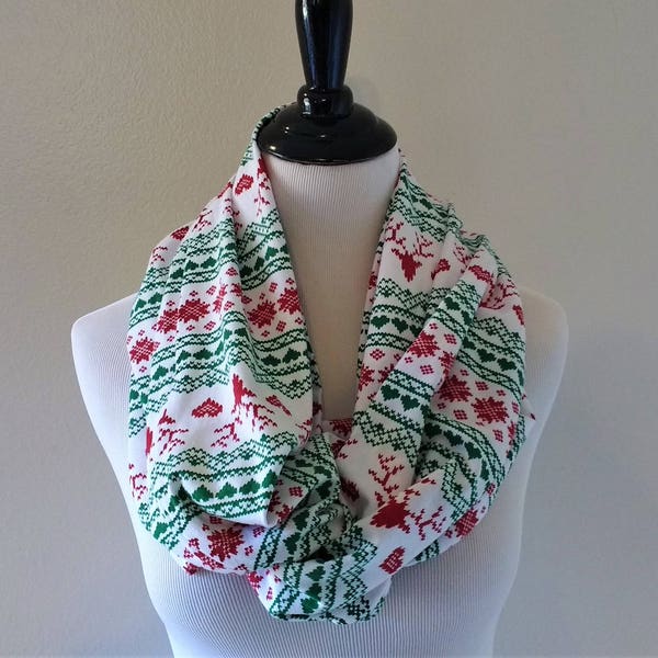 Fair Isle Reindeer Infinity Scarf -Gift for Her - Christmas Scarf - Christmas Infinity Scarf - Red Reindeer and Heart Scarf - Nordic Scarf