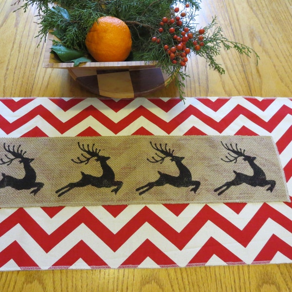 Christmas Table Runner in Chevron and Burlap Reindeer