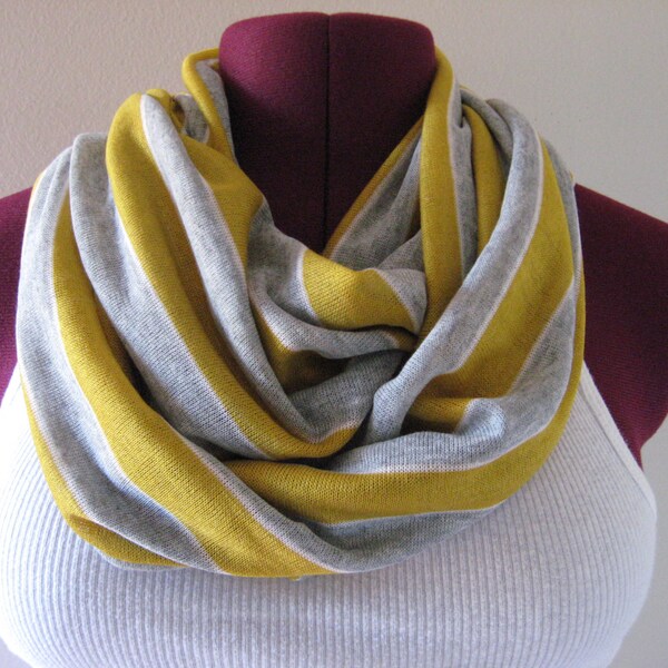 Infinity scarf in mustard and gray stripe scarf, mustard and grey stripe