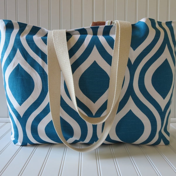 Extra Large Beach Tote - Teal Blue Beach Tote - Waterproof Beach Bag - Interior Pocket - Turquoise Beach Tote