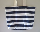 Large Beach Bag - Navy Blue Nautical Stripe Tote  Water Resistant Lining