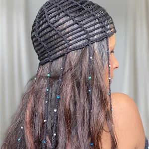 帽子 PERVERZE Crochet Knit Hat / Black Beaded Black Crochet Hat, Cotton Mesh Knitted Hat, Skull Cap