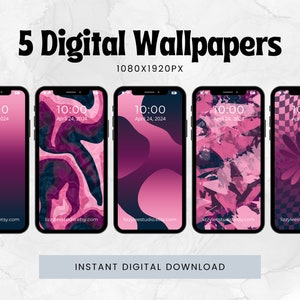 May include: Five digital phone wallpapers in a pink and purple color scheme. The wallpapers feature abstract designs, including a gradient, swirls, and a checkered pattern with a flower.