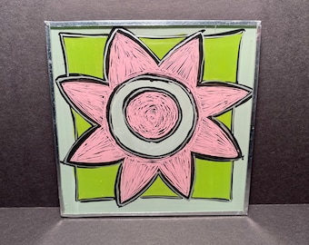 Pink & lime flower glass tile by detroit glass company