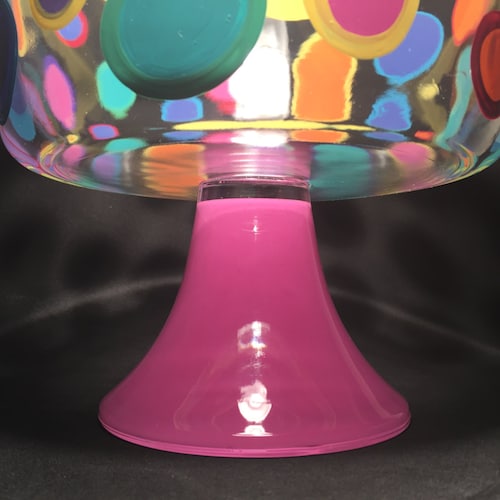 Trifle bowl in yellow and pink with colorful dots! buy by detroit glass company