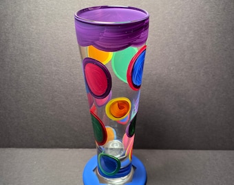 bud vase in purple & blue with colorful polka dots by detroit glass company