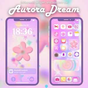 Könnte beinhalten: Zwei Smartphones mit einem pastellfarbenen UI-Design. Der Sperrbildschirm zeigt eine Blume und Sterne, während der Startbildschirm App-Symbole anzeigt. Der Text "Aurora Dream" steht oben. Die Uhrzeit wird als 18:36 angezeigt.