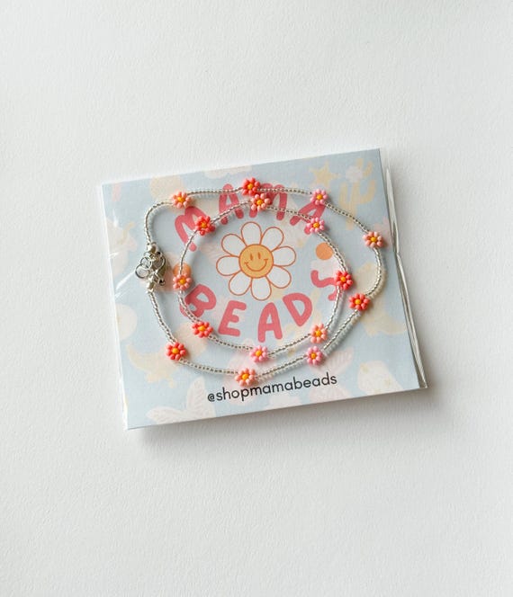 Matching Pink Flower Anklet and Bracelet, Floral Beaded Anklet