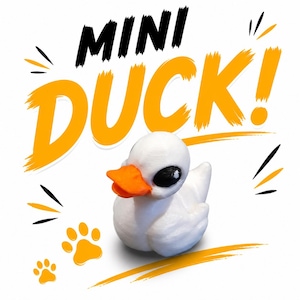 Op de afbeelding: Een witte miniatuur eend met een oranje snavel en zwarte ogen. De afbeelding bevat de tekst "MINI DUCK!" in zwart en oranje, samen met pootafdrukken en decoratieve lijnen. De eend is een klein beeldje.