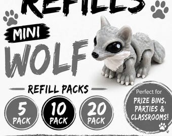 Paquete de recarga Mini Wolf – Juguetes para cajas de premios impresos en 3D – Elige 5, 10 o 20 – Recompensas para el aula, recuerdos de fiesta, rellenos para cajas de tesoros