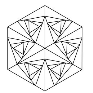 May include: Geometric black and white design featuring a hexagon shape with intricate internal triangular patterns. The artwork has a symmetrical arrangement of lines and shapes, creating a visually complex and balanced composition. The design is suitable for various applications.
