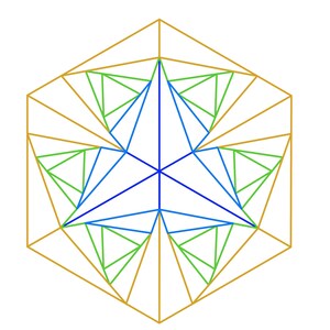 May include: Geometric design featuring a hexagon shape with a complex pattern of triangles. The design uses gold, blue, and green lines to create a symmetrical and visually appealing composition. The artwork is suitable for various applications.