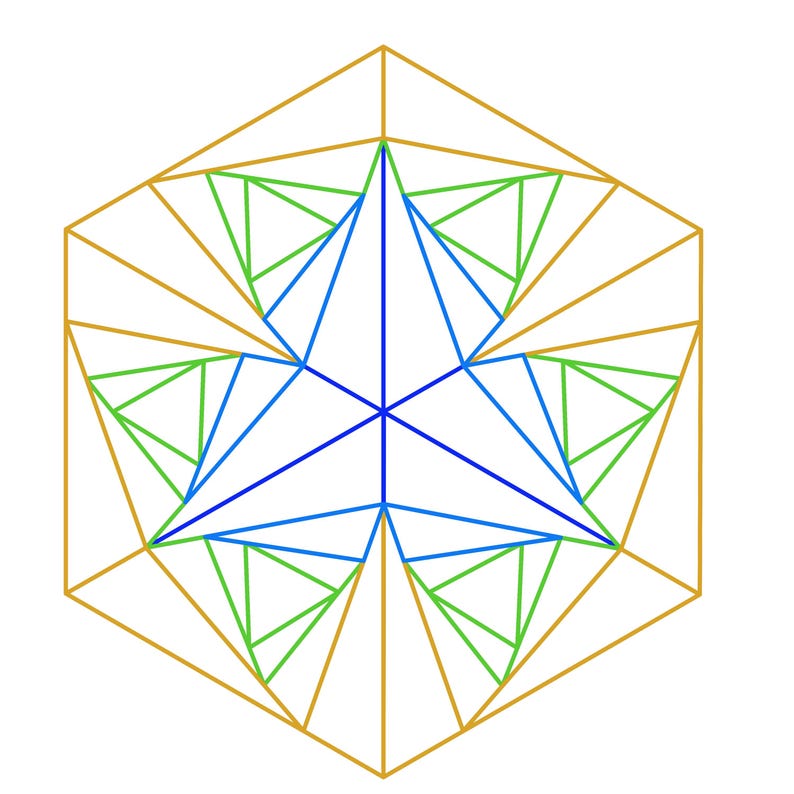 May include: Geometric design featuring a hexagon shape with a complex pattern of triangles. The design uses gold, blue, and green lines to create a symmetrical and visually appealing composition. The artwork is suitable for various applications.