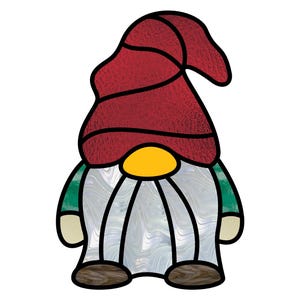 May include: A cartoon gnome with a red hat and a white beard. The gnome is wearing a green shirt and has a yellow nose.