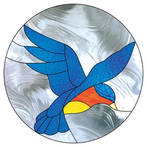 May include: A stained glass design of a blue bird with red and yellow accents flying against a white and gray marbled background.