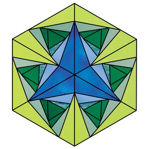 May include: A geometric stained glass design with a central blue star shape, surrounded by green, light blue, and yellow-green triangles. The design is enclosed within a black outline, creating a striking visual effect.