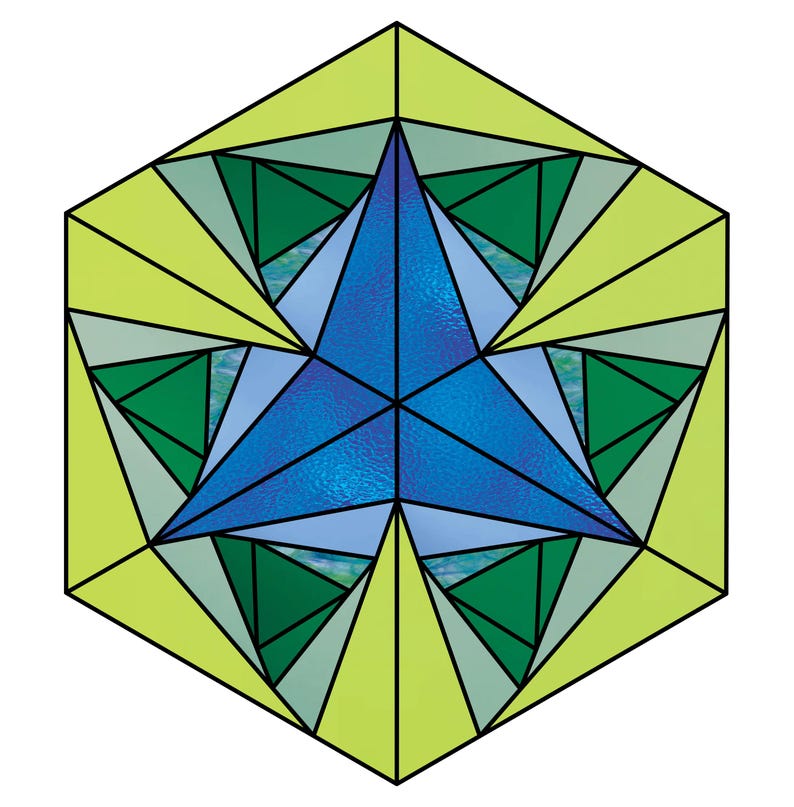 May include: Geometric stained glass design featuring a central blue star shape surrounded by green, light blue, and yellow-green triangles. The design is enclosed within a black outline, creating a striking visual effect.