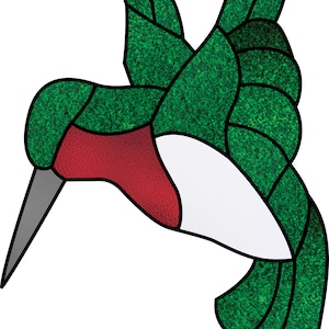 May include: A stained glass hummingbird with green wings, a red breast, and a white belly. The hummingbird is in flight with its beak pointed forward.