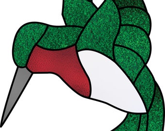 Stained glass pattern of a Ruby Throated Humming bird in a hoovering position