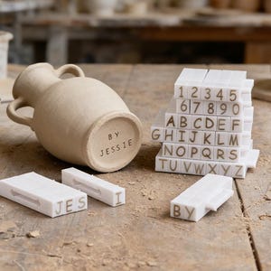 Peut inclure: Un vase en céramique beige à deux anses avec le texte "BY JESSIE" sur le fond. Des tuiles blanches avec des lettres et des chiffres sont empilées à proximité. Des tuiles individuelles épellent "JES", "I" et "BY".