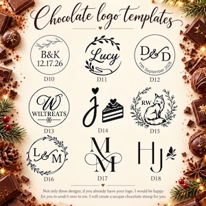 May include: A collection of nine black circular and monogram logo templates for chocolate stamps, labeled D10 through D18. Designs include initials, dates, a fox, a cake slice, and floral wreaths, displayed on a light background with chocolate pieces.