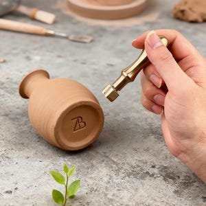 May include: A small, unglazed terracotta vase with a rounded body and a narrow neck. The base of the vase has a stamped "B" design. A brass tool is held near the vase, suggesting a pottery or crafting process. The background includes pottery tools and clay.