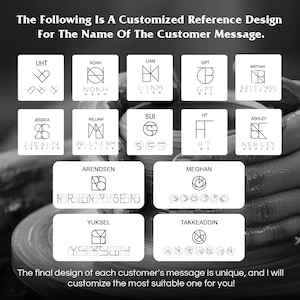 May include: A black and white image showcasing a customized reference design for customer messages. The design features various name logos, including "UHT", "NOAH", "LIAM", and "BRITTANY", displayed on white rectangular cards. The text at the bottom states the design is unique.