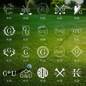 May include: A collection of 20 white golf-themed logos and emblems, each with a unique design. The logos feature initials, golf clubs, and other golf-related imagery. The designs are displayed on a green, grassy background with a golf ball.