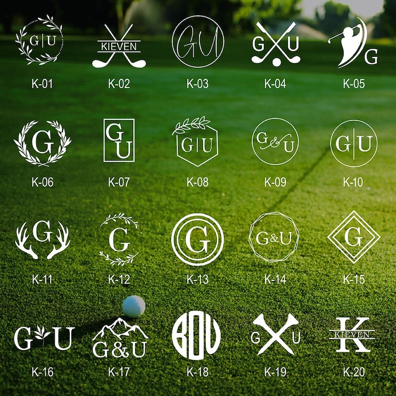 May include: A collection of 20 white golf-themed logos and emblems, each with a unique design. The logos feature initials, golf clubs, and other golf-related imagery. The designs are displayed on a green, grassy background with a golf ball.