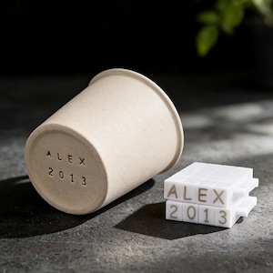 Peut inclure: Une tasse en céramique beige avec le nom "ALEX" et l'année "2013" imprimés sur le fond. À côté, des blocs de lettres blancs épellent "ALEX" et "2013". La tasse est couchée sur le côté.
