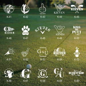 Peut inclure: Un ensemble de 60 motifs de marqueurs de balle de golf blancs. Les motifs comprennent une variété d'images, notamment des clubs de golf, des balles de golf et du texte. Les motifs sont numérotés de K-41 à K-60.