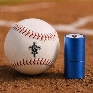 Może przedstawiać: Biała piłka baseballowa z czerwonymi szwami posiada czarne logo z literami CA wyśrodkowanymi na krzyżu. Obok piłki stoi cylindryczny niebieski metalowy pojemnik z pasującym czarnym logo krzyża CA nadrukowanym na płaskiej górnej powierzchni.