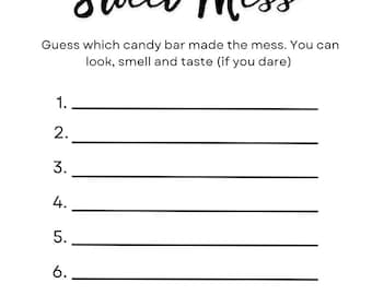 Puede incluir: Tarjeta de juego de baby shower en blanco y negro con el texto "Guess the Sweet Mess". La tarjeta incluye ilustraciones de un chupete, un biberón y pañales. El juego pide a los jugadores que adivinen qué barra de caramelo causó el desorden.