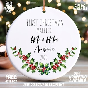 Personalized First Christmas Married Gift Wedding Gift Mr Mrs Newlywed Botanical Greenery Design Ceramic Round Ornament Keepsake