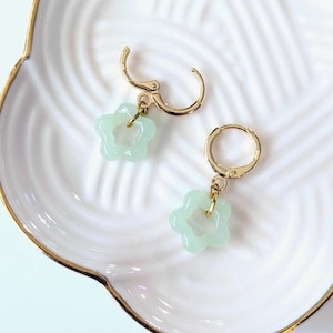 Green Jade Flower Earrings, 18K or 24K Gold Plated, Huggie Hoops, Ball Studs, Faux Jade, Handcrafted