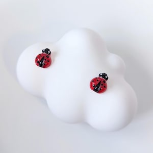 May include: A pair of small ladybug earrings with red bodies, black spots, and black heads. The earrings are on a white cloud-shaped background.