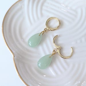 Green Jade Drop Earrings, 18K or 24K Gold Plated, Huggie Hoops, Ball Studs, Handcrafted, Faux Jade