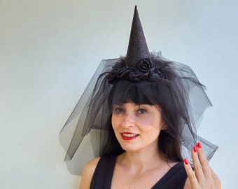 Black Witch Hat Headband, Halloween Witch Fascinator Hat, Halloween Headband, Witch costume hat, Mini witch hat, witch headband