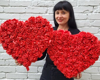 2er Set Rote Rosen-Herz-Kränze | Handgemachte Valentine Blumen Herz Dekor | Romantische Tür- & Wandkränze