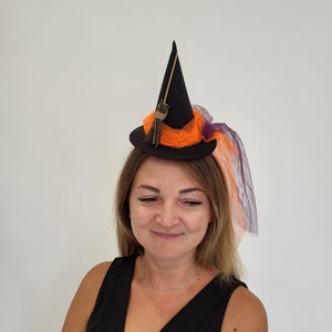 Witch Hat Headband, Mini witch Hat Headband, Witch Hat Headpiece, Halloween headband, Orange and Black Halloween Headband, Witch costume hat