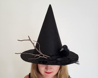 Black felt Halloween witch hat With raven on a tree branch for adult, Forest Witch Hat, Witch hat, Cosplay Witch Costume