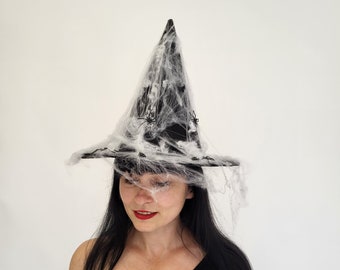 Black Halloween Witch Hat For Women with spider web and spiders, Halloween Party hat, Witch Costume Hat, Halloween Witch