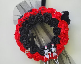 Gothic Halloween schwarz rot Rosenkranz Gothic Skelett Pärchen Kranz Rabenkranz Halloween Hauseingang Türkranz Gothic Hochzeitskranz