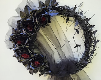 Schwarzer Gothic Halloween Kranz für Haustür Halloween Schwarzer Zweigkranz Victorian Gothic Kranz, Halloween Fledermaus Kranz Gothic Hochzeitskranz