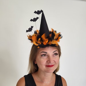 Witch Hat Headband, Mini witch hat, Orange and black Halloween headband, Orange and Black Feather Hat, Witch costume hat, Witch Hat