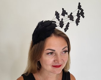 Halloween black bat headband, Halloween fscinator, Black Feather Headband, bat headband, Batgirl party, Vampire headband bat wing headpiece