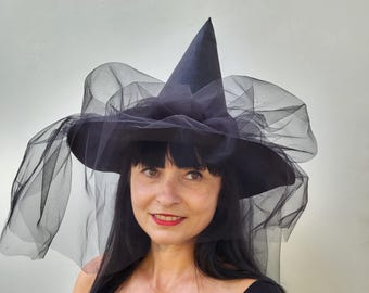 Elegant Black Witch Hat with Long Veil - Halloween Costume accessory